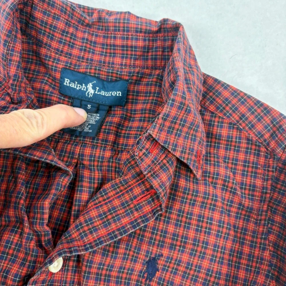 Ralph Lauren Button Down Shirt Boys 5 Red Plaid Holiday Pony Logo Preppy